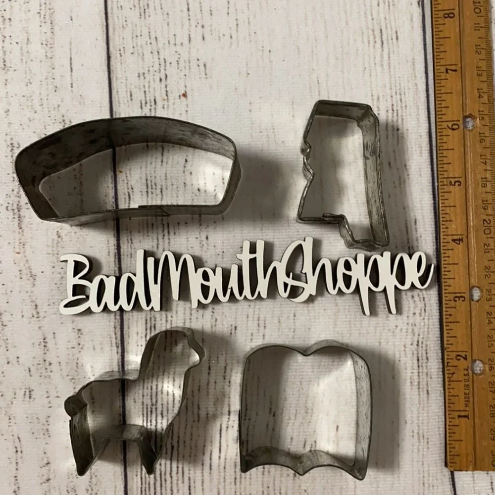 Set of 4 Vintage Metal Cookie Cutters - Bread Loaf, Lamb, Mississippi, and Book